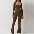thumbnail image 2 of Square Neck Long Sleeve Slim Fit Jumpsuits for Women Flare Leg Skinny Tights Bodycon Romper Yoga Fitness Full Length Brown,L, 2 of 7