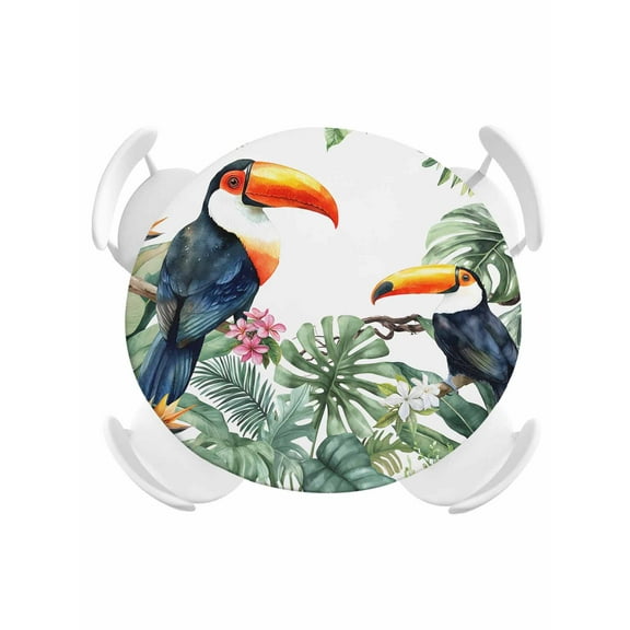 Round Tablecloth Tropical Botanical Elastic Edge Fitted Palm Banana Leaf Toucan Plastic Table Cover,Waterproof Oil Proof for Dinner,Outdoor, Picnic, 36" - 44"  DIA Tables Green