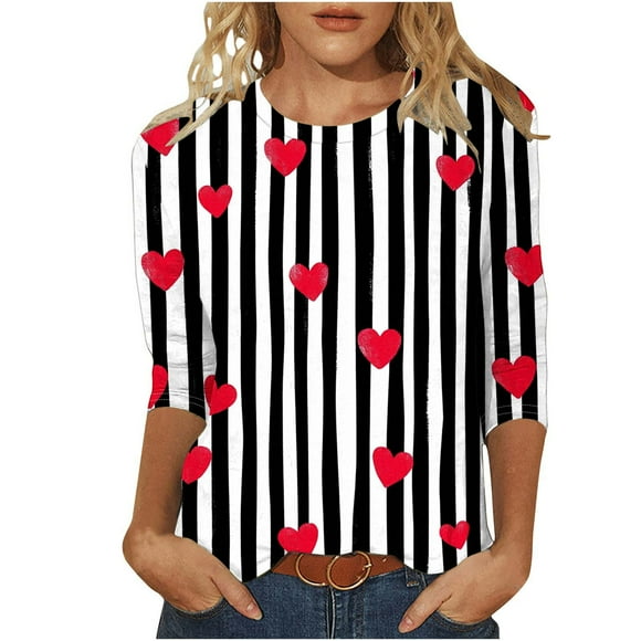 Fartey Chemises de la Saint-Valentin pour Femmes Coupe Ajustée Manches 3/4 Col en V Tuniques Ajustées Hauts Mignons T-Shirts Graphiques Mode Blouses de Festival Noir P