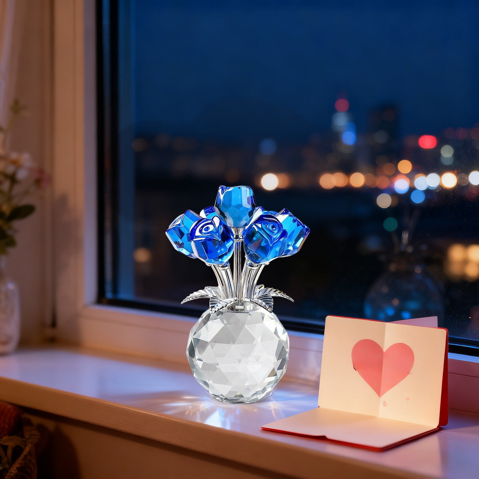 Blue Crystal Glass Rose Bouquet Decorative Ornament Blue For Home Table Shelf Wedding Anniversary Decor