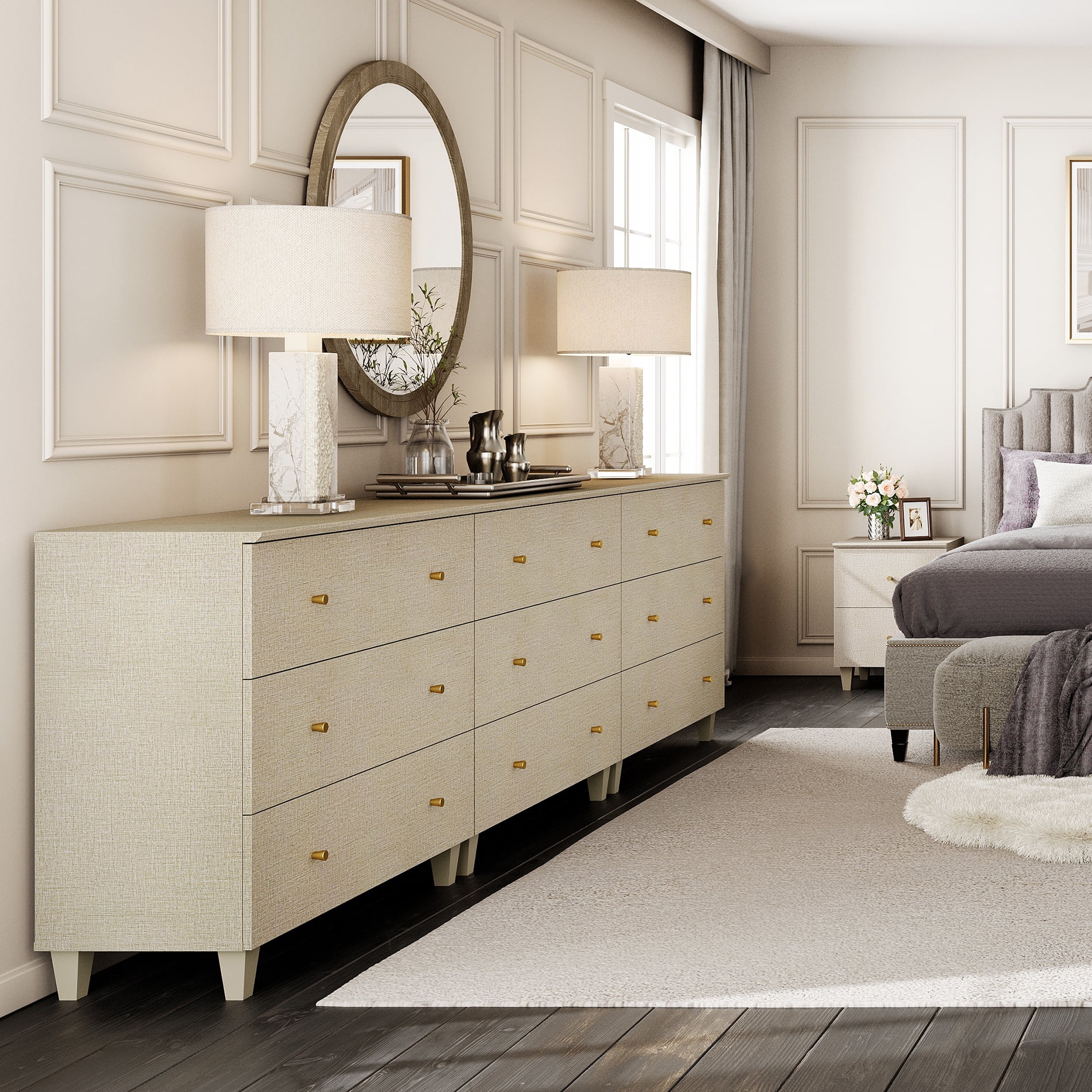 WAMPAT Dresser and Nightstand Set of 4, Wood Dressers with 9 Drawers, Nightstand with Charging Stations for Living Room, Beige Linen Printed