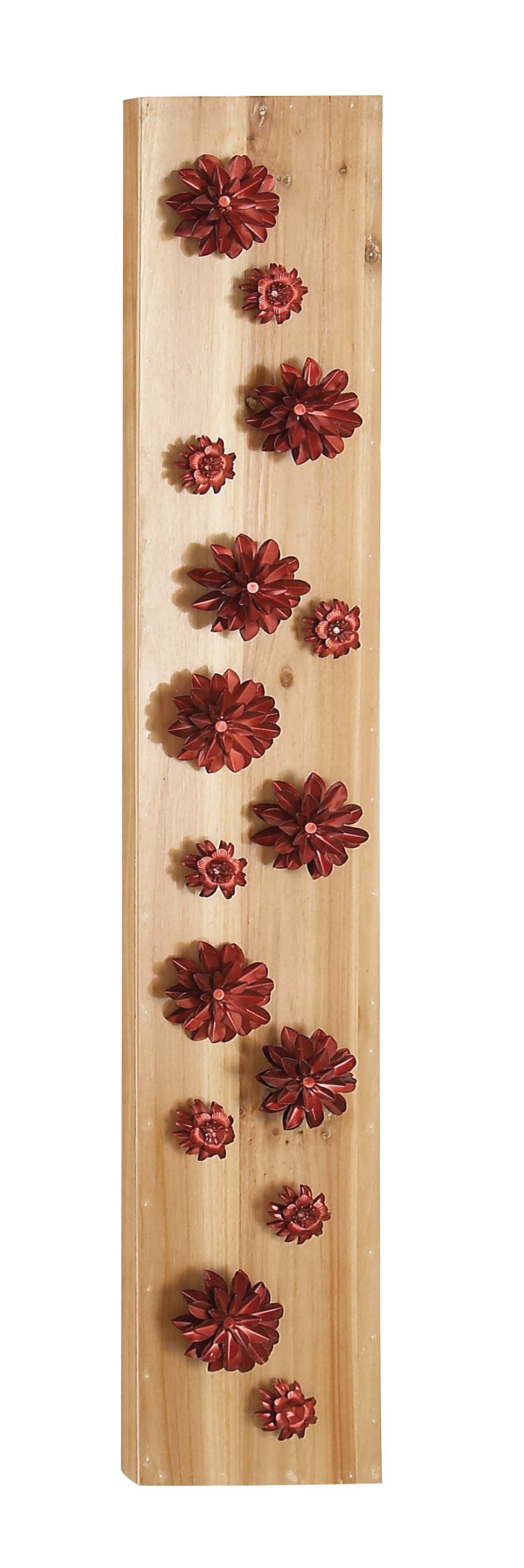 Decmode 55 X 9 Inch Natural Wood And Metal Red Petaled Flowers Rectangular Wall Decor, Metallic, Natural Wood