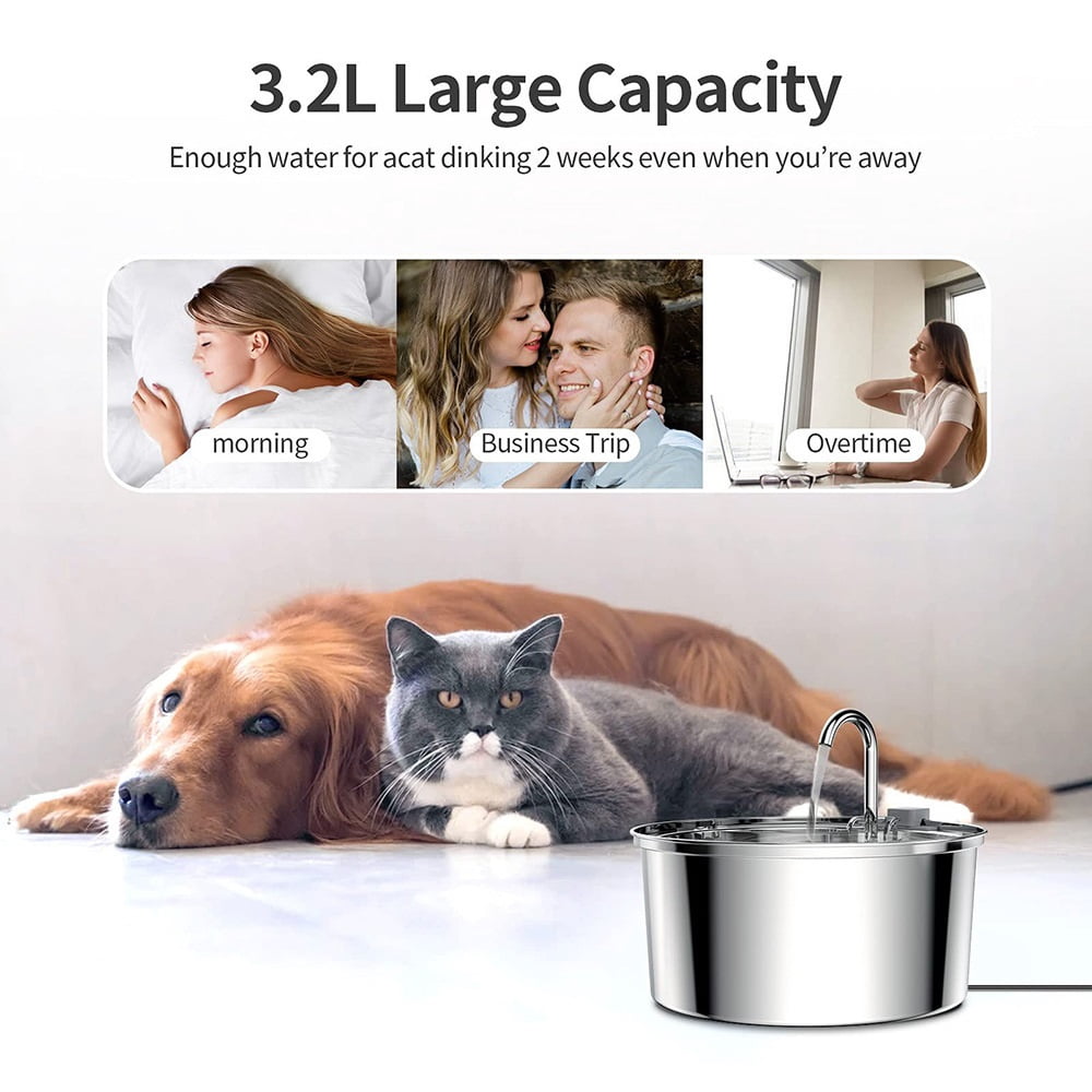 PawQuench Automatic Pet Water Fountain, Fountain Pump with Filter Elements, 3.2L/108oz Stainless Steel Cat & Dog Drinking Fountain Indoor/Outdoor - Ultra-Quiet for Small Large Pets