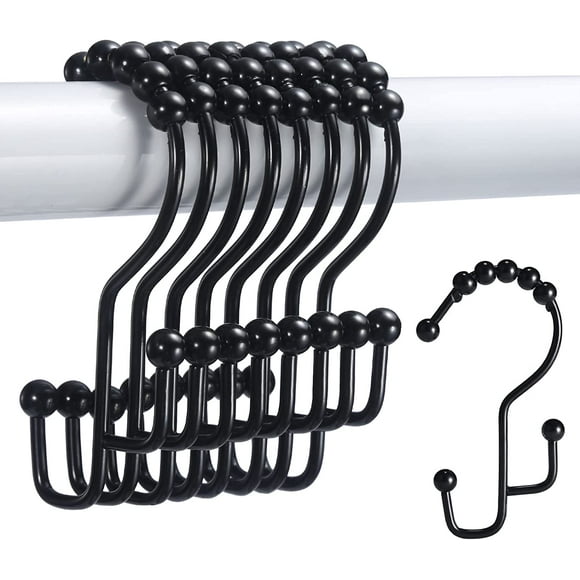 SUTINE Double Shower Curtain Hooks, 12 Pcs Rust Proof Rings, Black Stainless Steel Bathroom Hooks for Curtains, Towels, Clothing