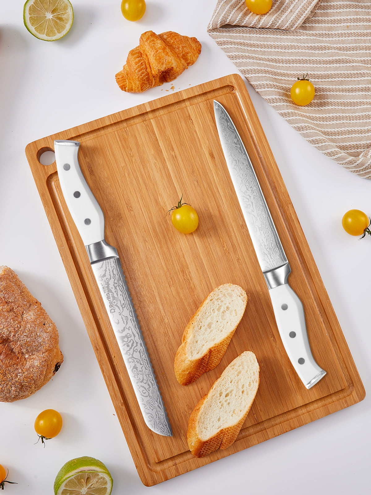 D.Perlla Knife Set, 14 Pcs German High Carbon Stainless Steel Sharp Knives Block Set with Built-in Sharpener, White