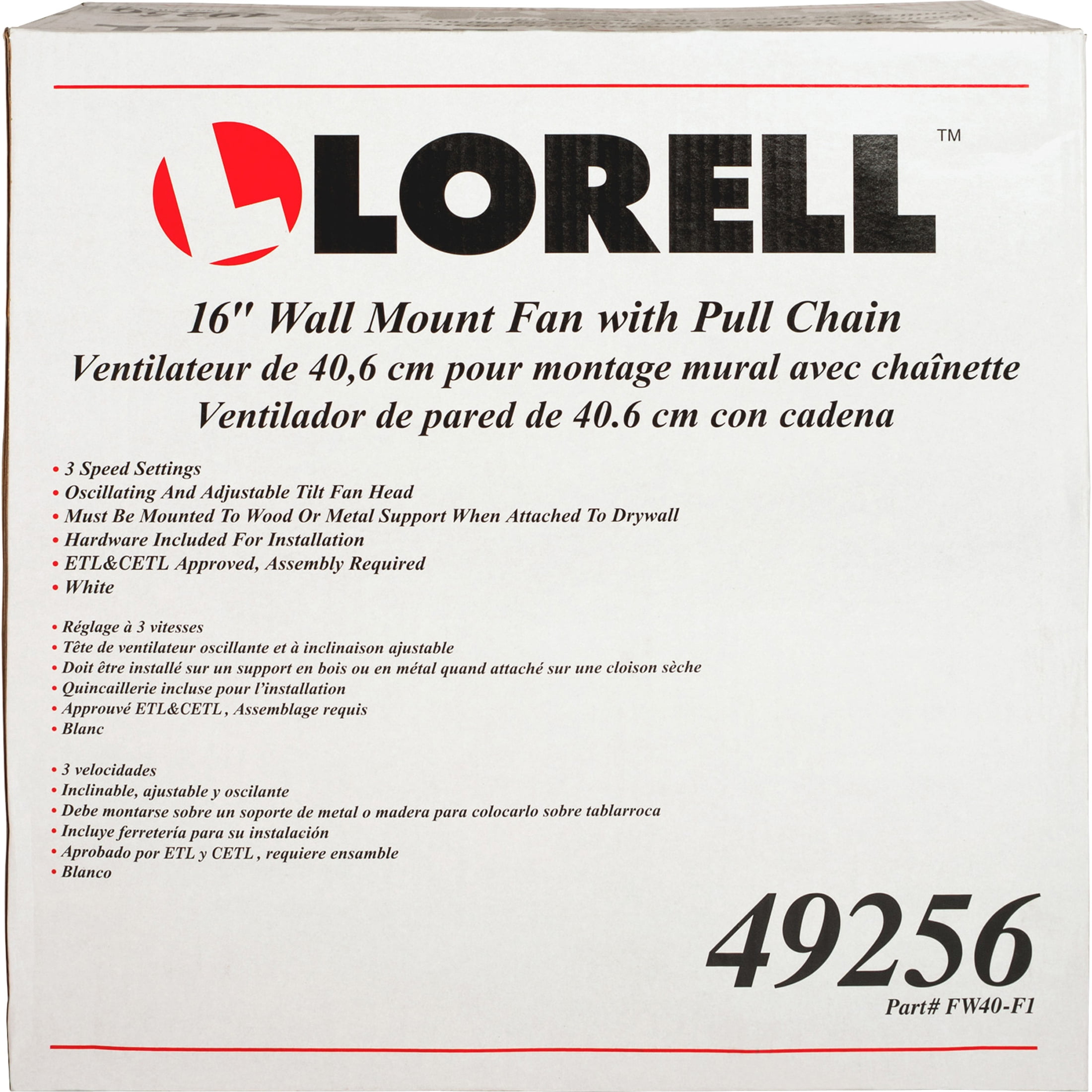 Lorell 16" Wall Mount Fan Pull Chain 9-1/4"x18-1/9"x18-1/2" WE 49256