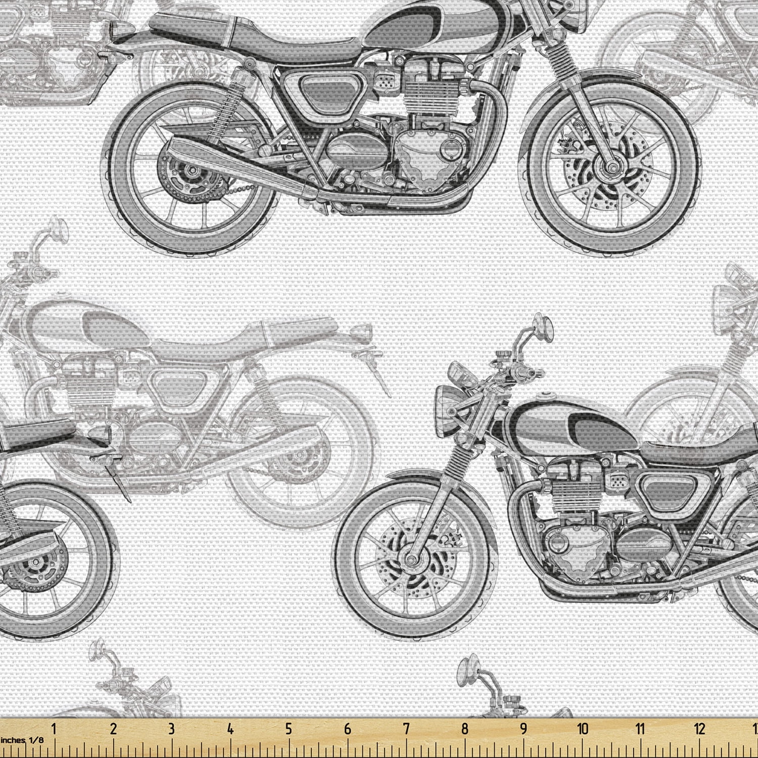 Motorcycle Fabric by the Yard, Realistic Grayscale Illustration of