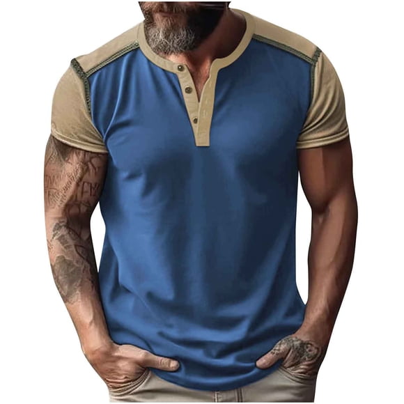ZMFXJPE Men's Tshirts Casual Henley Shirts Classic Button Patchwork Short Sleeve Tops Summer T-Shirt Crewneck Muscle Fashion Tees Blue, XXL