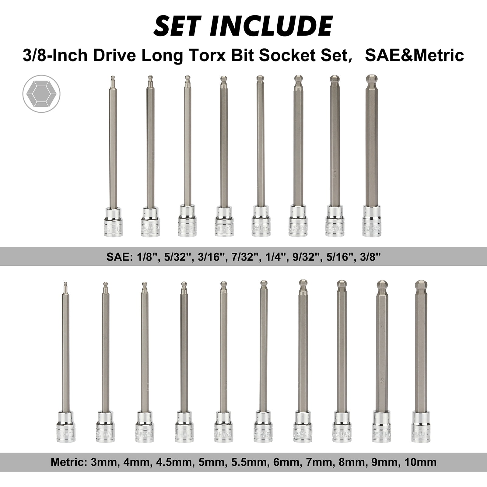 Casoman CS369, Cromatic Finish Drive Extra Long Socket Wrench & Set, 18 Pieces