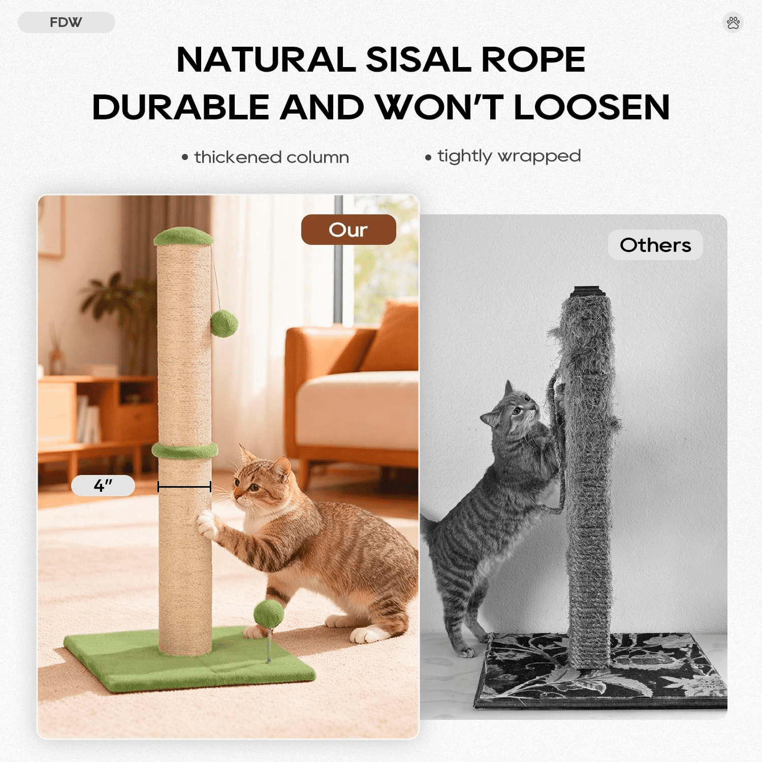 BORGEBY 33 Inch Cat Scratching Post, Natural Sisal Rope Cat Scratcher with Hanging Ball Toy for Indoor Cats and Adults ,Green