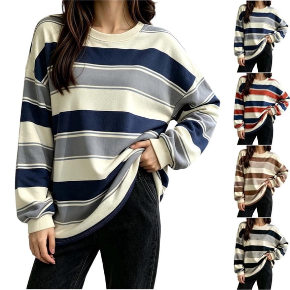 Tqcoqu Women's Striped Crew Neck Sweatshirt,Long Sleeve Drop Shoulder Loose Casual Pullover Top,2026 Trendy Clothes
