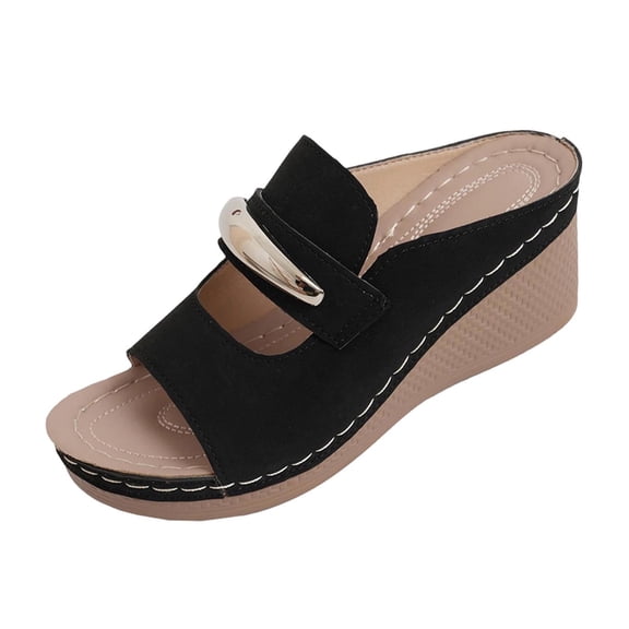CYMMPU Women's Metal Accent Open Toe Wedge Slide Sandals, Slip On Platform Comfort Mules, Casual Outdoor Summer Beach Walking Footwear Black 41