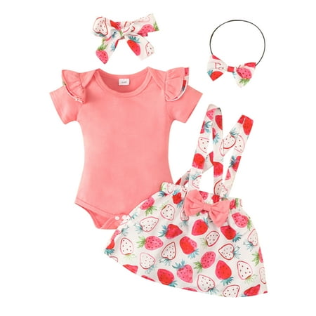 

Frobukio Infant Baby Girls Jumpsuit Sets Summer Short Sleeve Rompers Fruit Printed Suspender Skirt Headband Outfits Pink 3-6 Months