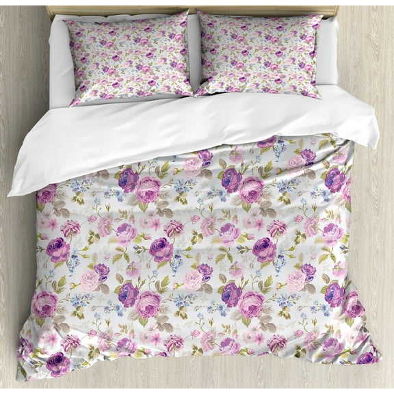 Floral Duvet Cover Set, Floral Pattern Pastel Tones Love and Adoration Theme Leaves Petals, Decorative 3 Piece Bedding Set with 2 Pillow Shams, King Size, Lilac Green Pale Blue, by Ambesonne