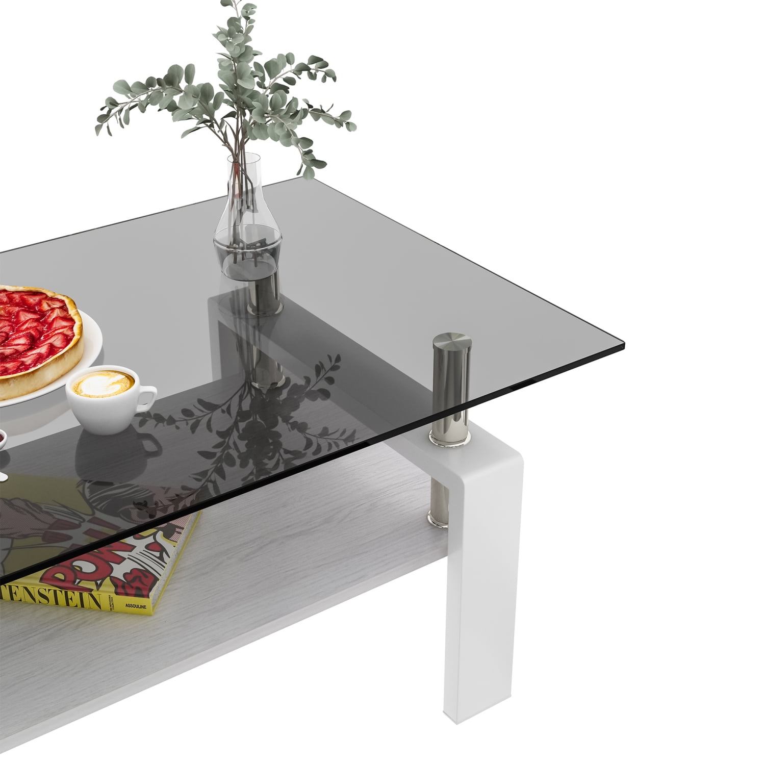Rectangle Coffee Table, Modern Tempered Glass and MDF Living Room Table
