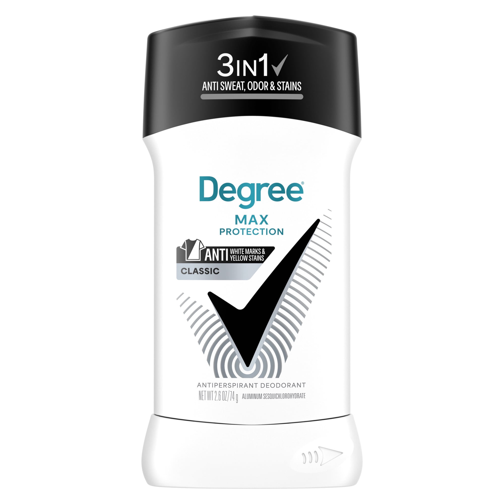 Degree 3in1 Max Protection Antiperspirant Deodorant Anti Sweat, Odor And Stains Classic 72-Hour Sweat And Odor Protection, 2.6 oz