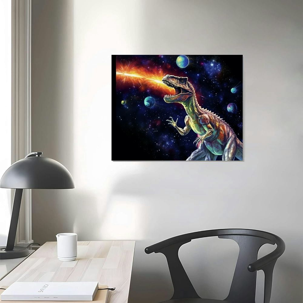 COMIO Dinosaur Decor Wall Art for Boy's Room Dinosaur Pictures Universe Space Decor Canvas Painting Framed Artwork for Living Room Bedroom 20x16in
