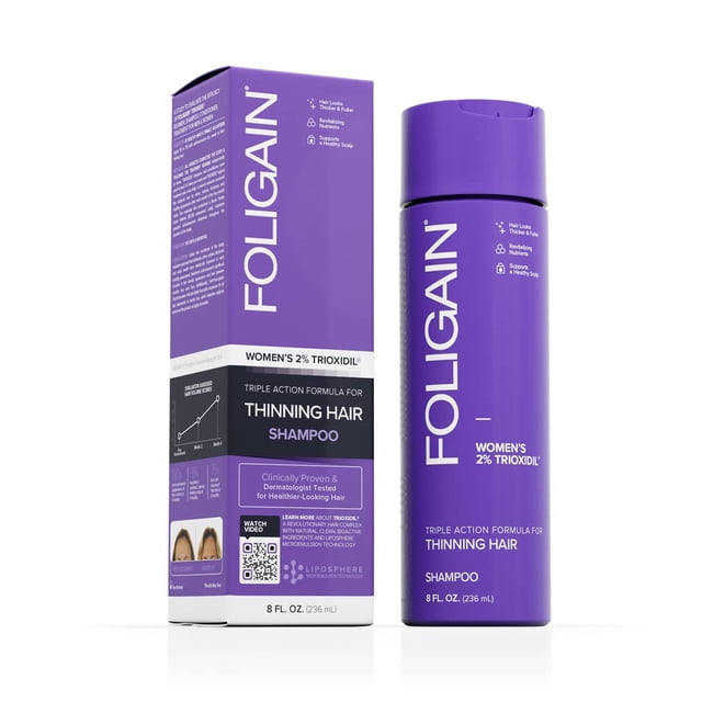 Champú Foligain Triple Action para cabello fino, 240 ml, mujer