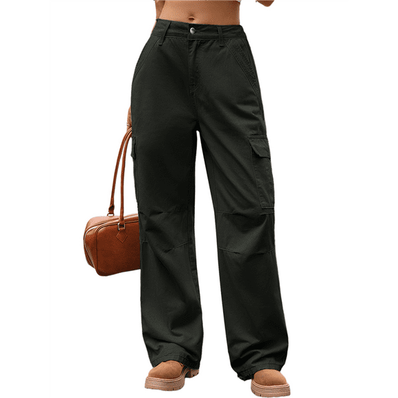 Women'S Baggy Jeans Pull on Stretchy Loose High Waisted Wide Leg Denim Pants Y2K 90s Army Green L