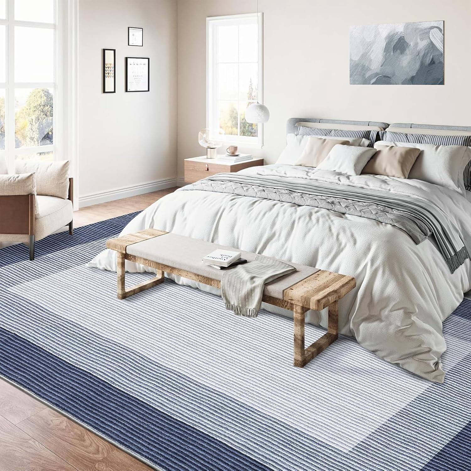 Area Rug 10x13 Modern Neutral Solid Large Machine Washable Rug for Living Room, Non-Slip Non Shedding Bordered Soft Carpet, Low Pile Indoor Foldable Printed Rug for Bedroom, Dining Room, Blue