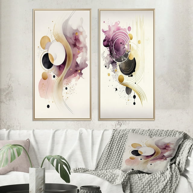 Designart "Movement in Deep Purple I" Abstract Geometric Framed Wall Art Set Of 2 - Purple Geometric Gallery Wall Frame Set For Home Decor