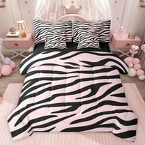 jejeloiu Chic Zebra Pattern 7-Piece Twin Bedding Sets,Geometric Striped Lines Bedding Comforter Set,Pink Black Sheet Sets For Kids,Breathable Home Decor Reversible