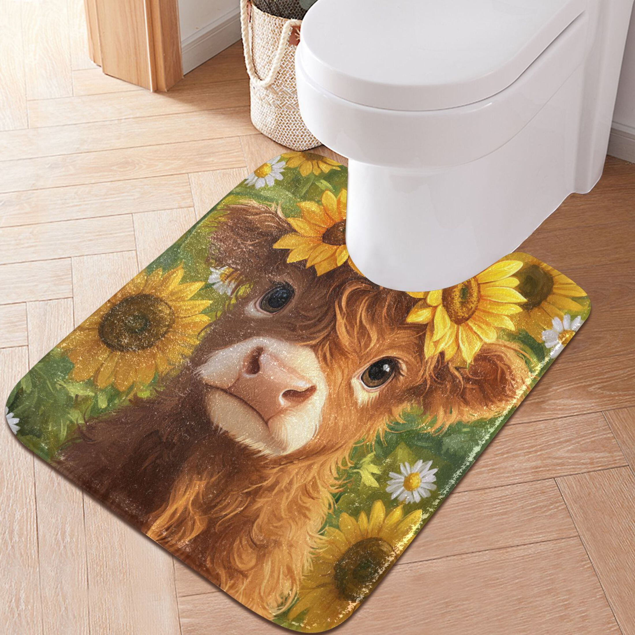 2 Piece Soft Bathroom Rug Set Cute Highland Cow Bath Mat and U-Shaped Toilet Contour Rug (16"x24"+20"x24")
