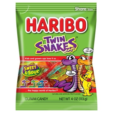 Haribo Twin Snakes Sweet and Sour Gummy Candy, Thin, 4 oz-Pack of 4