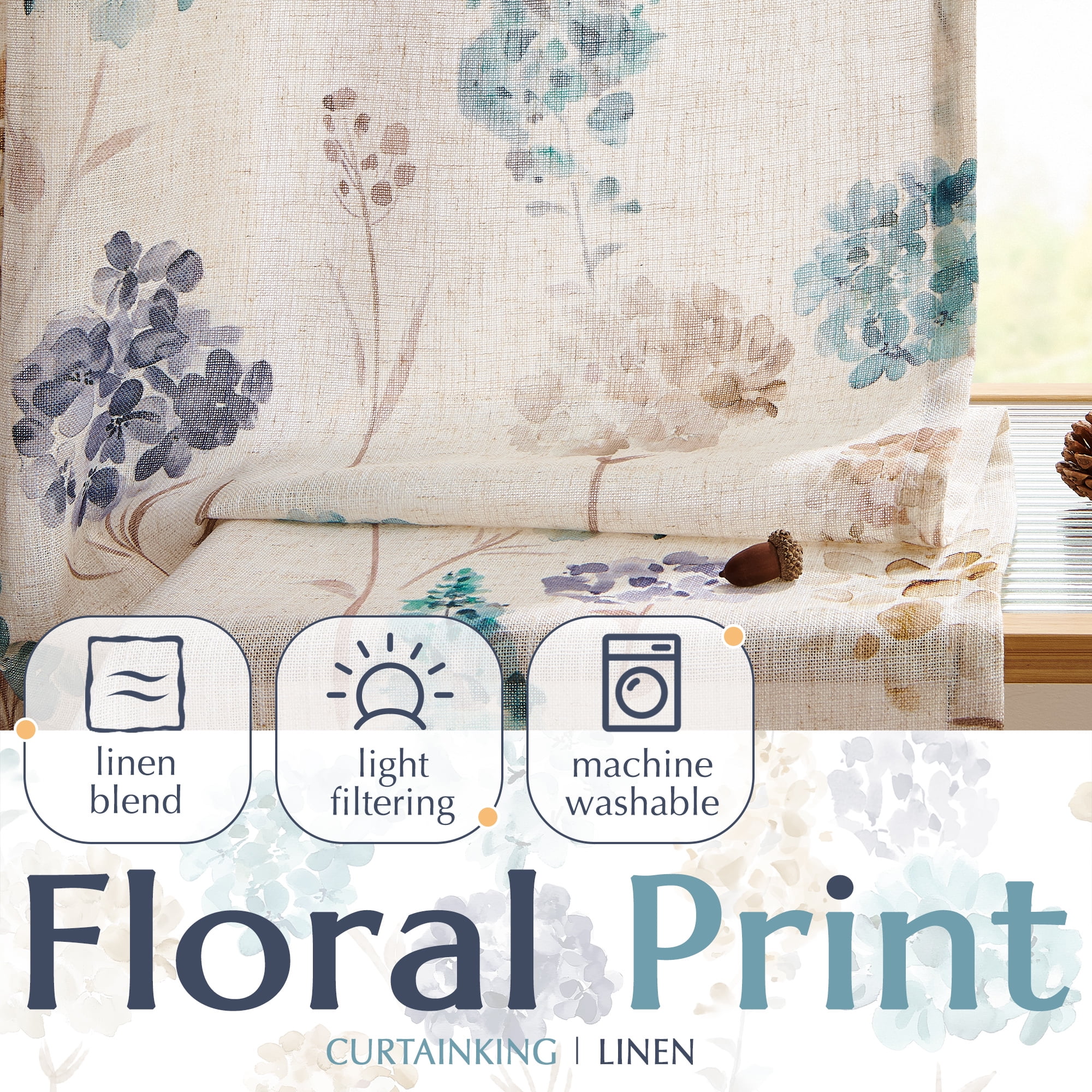 CURTAINKING Farmhouse Linen Curtains for Living Room Bedroom Floral Patterned Light Filtering Linen Blend Curtain Burlap Effect Drape Window Treatments 2 Panels Green Dark Blue and Tan
