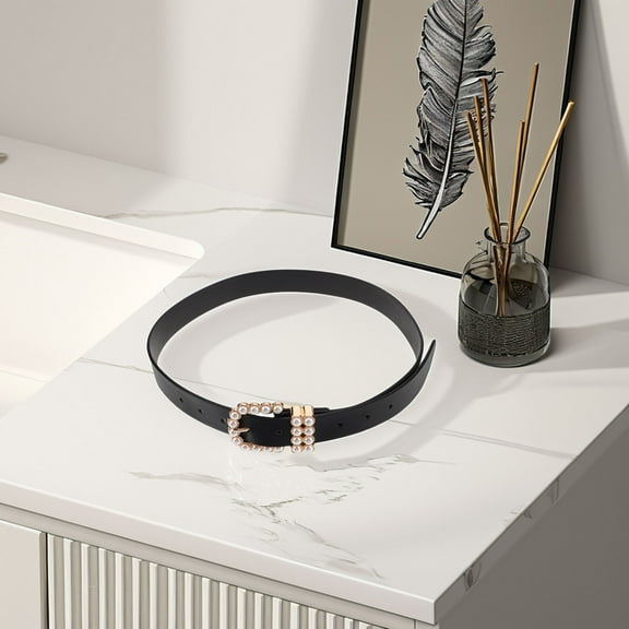 IDEANATEGRATE 1Pcs Black Pearl Buckle Belt for Women with Adjustable Length for Dresses