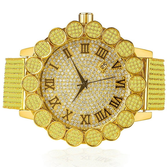 Canary Gold Finish Big Flower Cluster Bezel Lab Diamond Mens Khronos Joe Rodeo Roman Face Watch W/Date Function