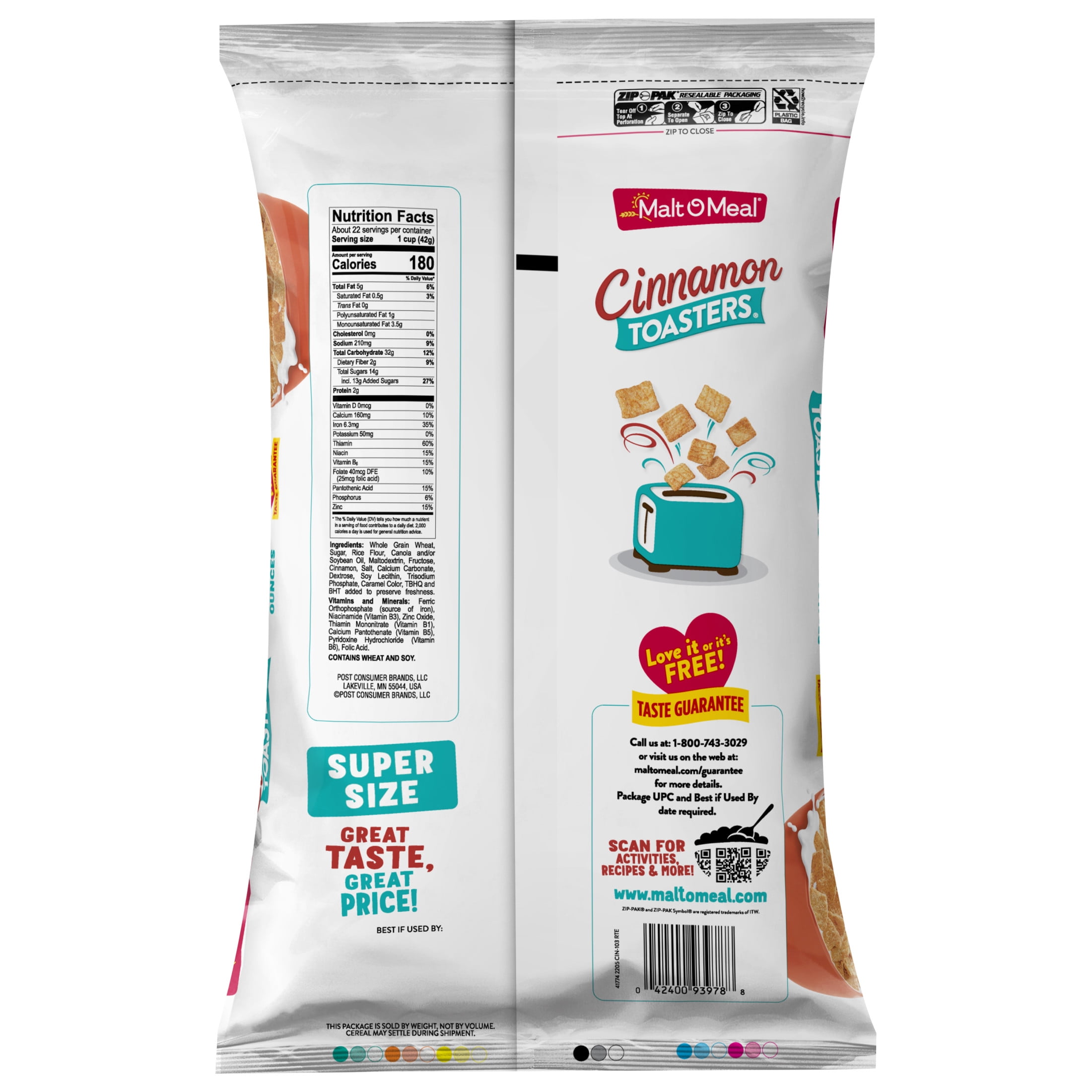 Malt-O-Meal Cinnamon Toasters Breakfast Cereal, Cinnamon Cereal Squares, Crunchy 33 oz (Pack 2)