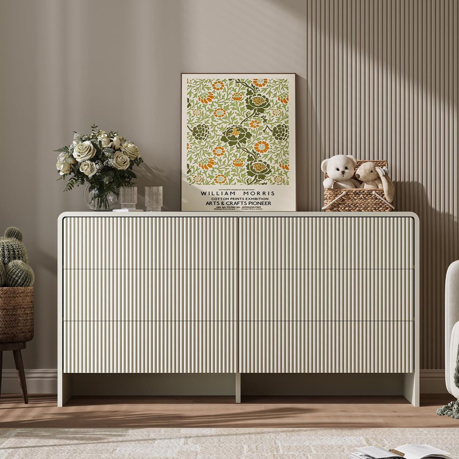 FURNIWAY Beige Curved 6 Drawer Dresser, Modern Long Dresser for Bedroom, Living Room, or Entryway, Push to Open Storage Chest, Minimalist Scandinavian Style