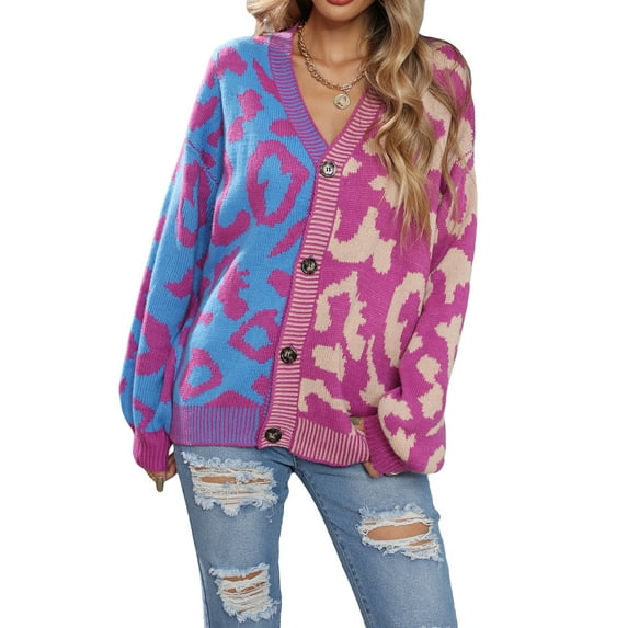 aturustex Women Casual Sweater Button Down V Neck Long Sleeve Open Front Leopard Knit Cardigans Fall Outwear Sweater Tops