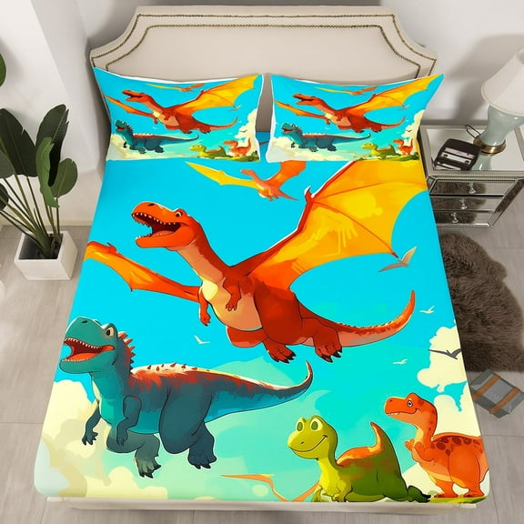 Dinosaur Bedding Set, Animal Bed Sheets Cute Dinosaurs Fitted Sheet ren Teens, Ancient Wildlife Bed Set 2 Pieces With 1 Pillow Case, Twin Size
