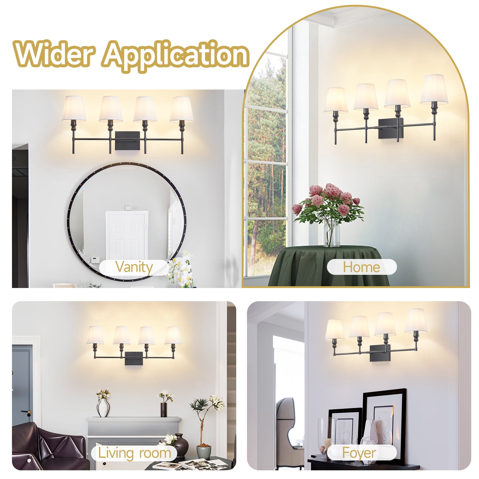 Black Bathroom Vanity Light 4 Light，32.3In Vintage Bathroom Light Fixtures Over Mirror,Hardwired Vanity Wall Sconce with Flared White Fabric Lampshade for Bedroom,Living Room,Foyer,E12 Base
