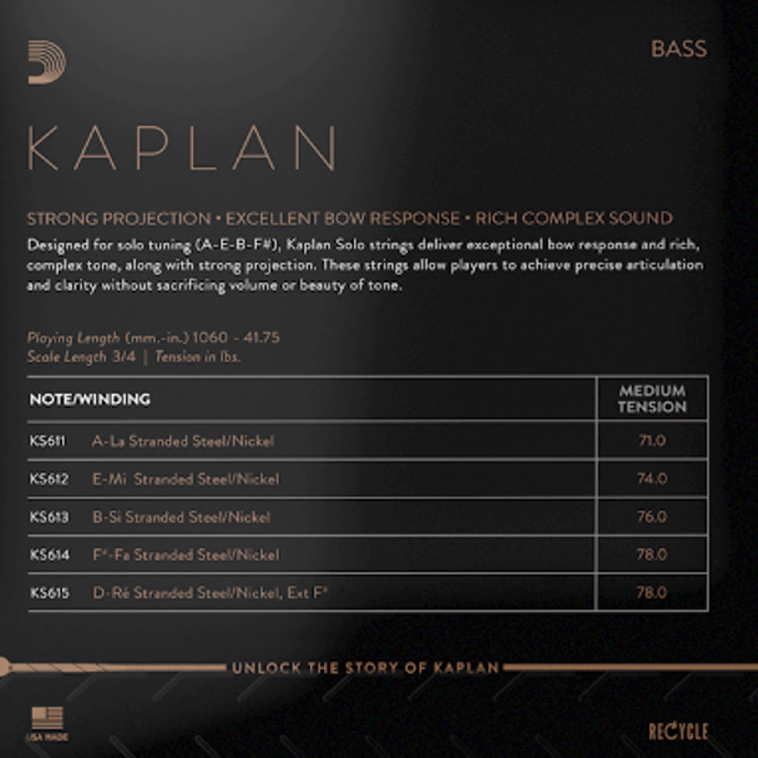 D'Addario Kaplan Solo Bass Single C (E) String, 3/4 Scale Medium, Bulk 10-Pack