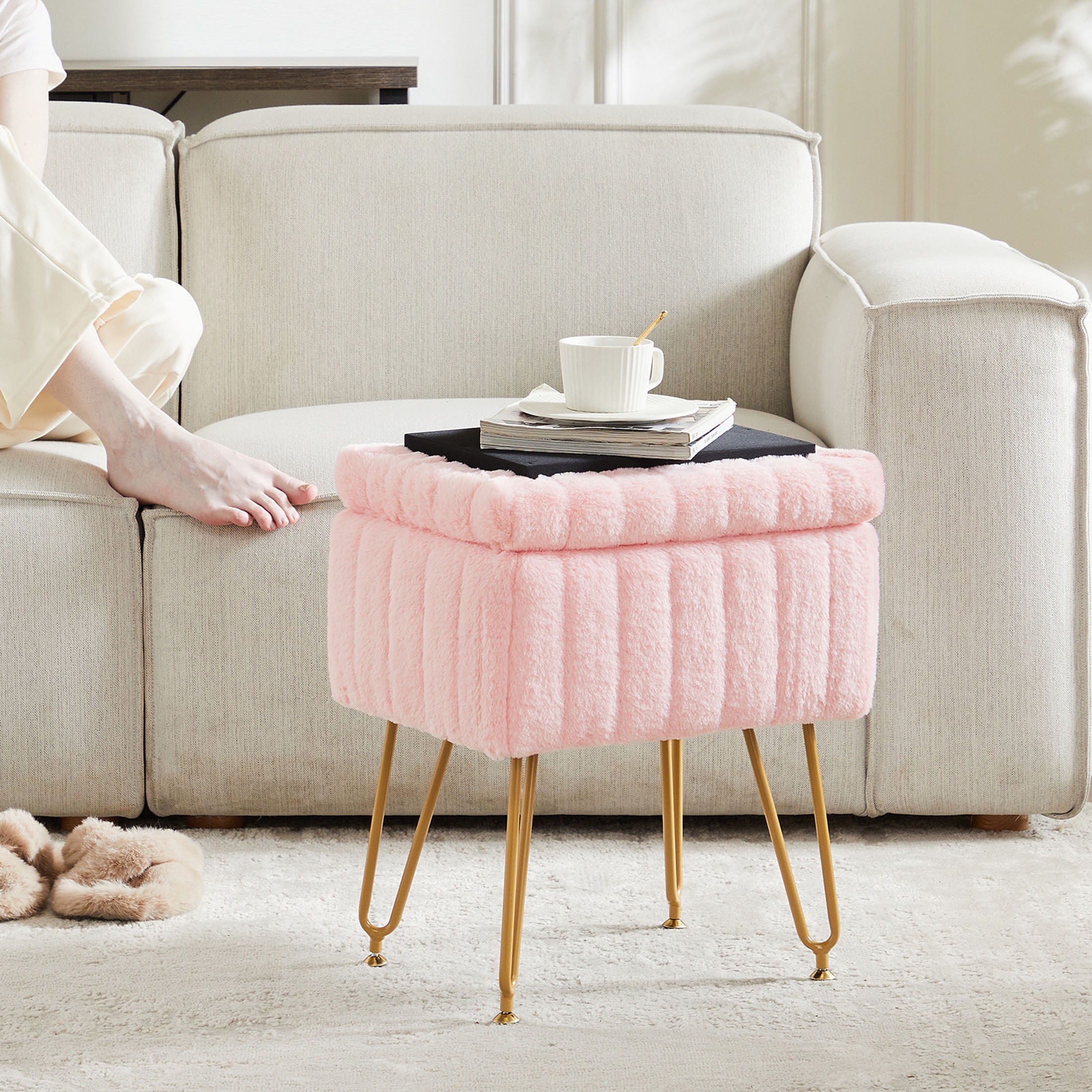 CONCETTA Footstools Ottoman Storage Bench, Vanity Faux Fur Padded Chair with Storage and Adjustable Feet for Makeup Bedroom Entryway, Pink