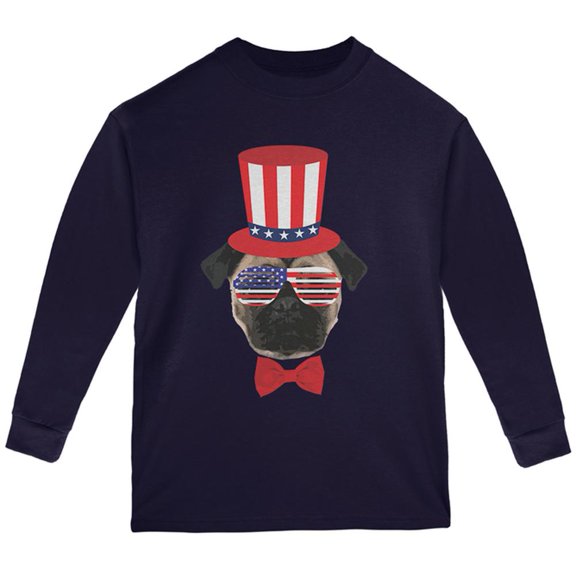4th of July Funny Pug Youth Long Sleeve T Shirt Navy YMD