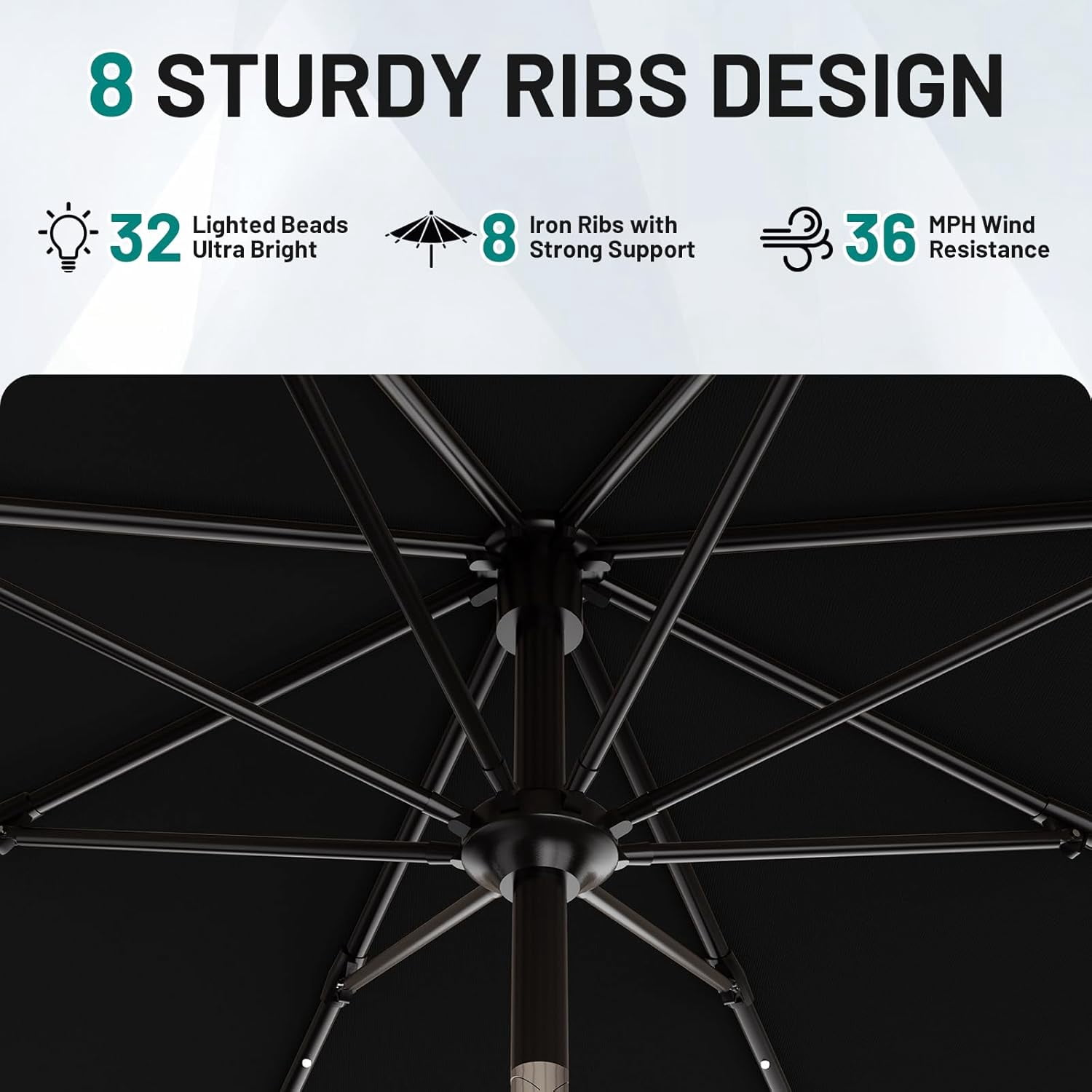 9FT Patio Umbrella with Solar Lights, 32 Lighted Pool Umbrella w/Tilt and Crank, Outdoor Market Solar Umbrellas for Garden, Deck, Backyard, Pool and Beach, Black