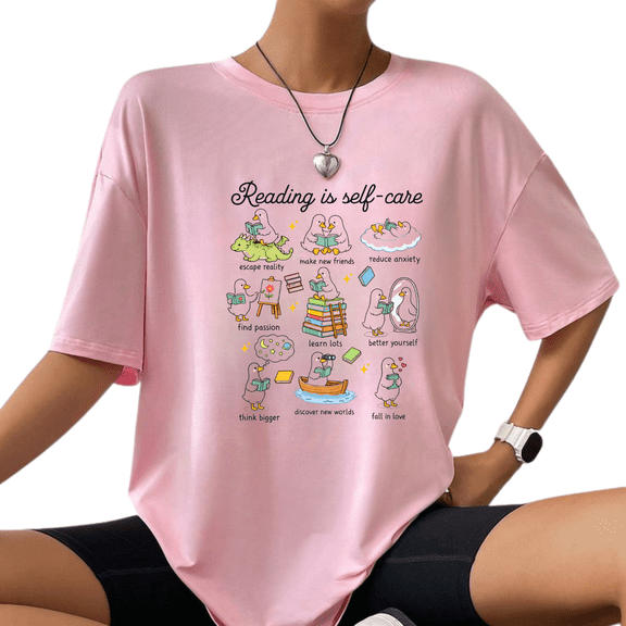 Reading Is Self Care Graphic T Shirt, Cute Book Lover Tee, Funny Reading Duck Tshirt, Bookworm Gift for Readers