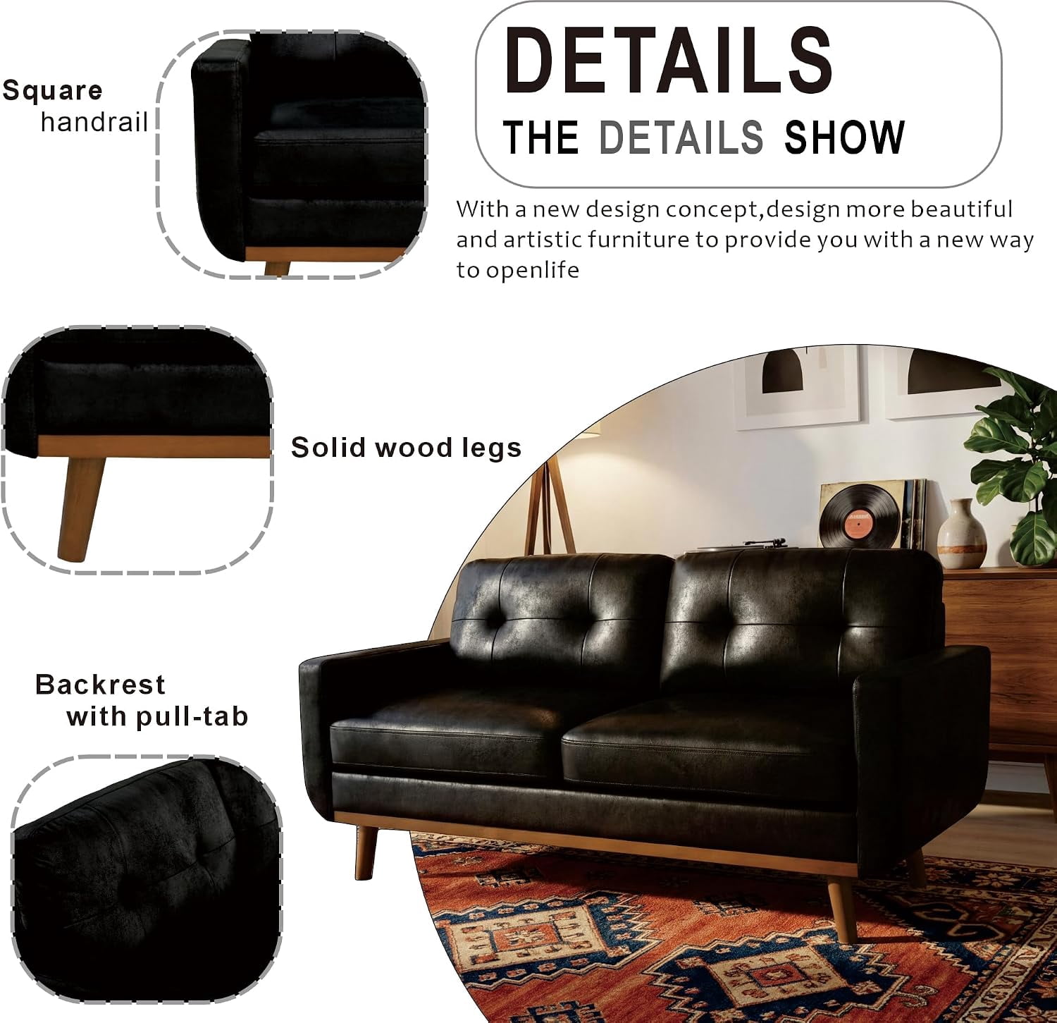 MOONMISS 65" Loveseat Couch, Modern Small Sofa With Walnut Wood Legs 2-seater Fabric Upholstered Mini Sofa Couches For Small Space,living Room Bedroom Office Dorm Apartment,Black