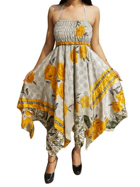 Mogul Womens Halter Dress Handkerchief Hem Recycled Sari Two Layer Vintage Summer Resort Fashion Sundress S/M