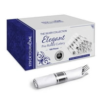 Stock Your Home 100 Pack Pre Rolled Silver Plastic Cutlery | Wrapped Forks, Knives, Spoons & Napkins