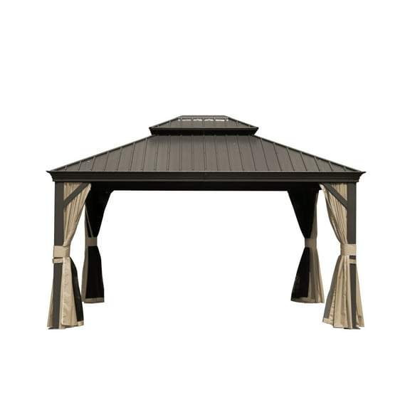 14x20FT Hardtop Gazebo, Permanent Metal Gazebo with Galvanized Steel Double Roof and Aluminum Frame, Curtain and Netting, Large Pavilion Gazebo for Patio Deck Garden