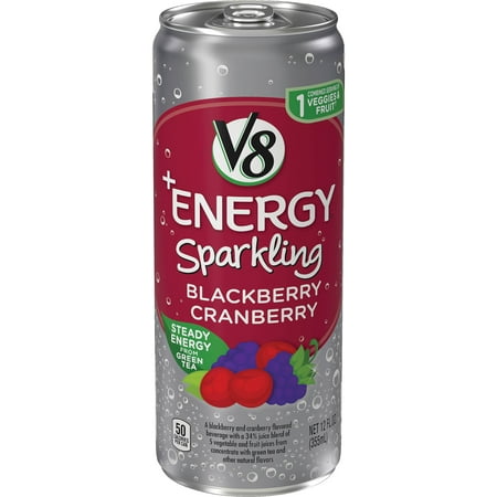 V8 +Energy Sparkling Healthy Energy Drink, Natural Energy from Tea, Blackberry Cranberry, 12 Oz Can (Pack of