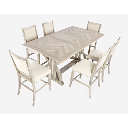 Fairview Mid-Century Distressed 78" Seven-Piece Upholstered Counter Height Dining Set