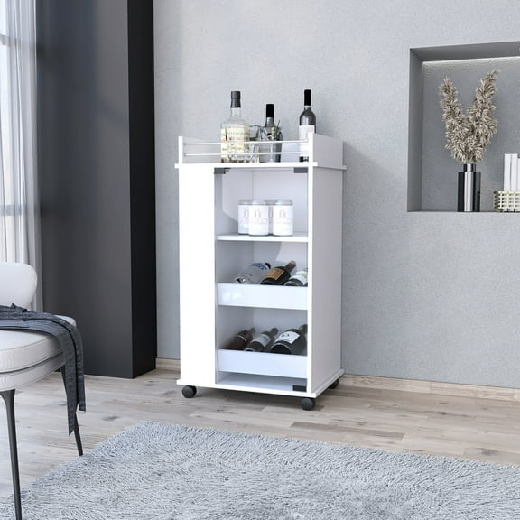 White Mobile Bar Cart With 2 Holder And Storage Solutions - Industrial Ample Space For Beverages