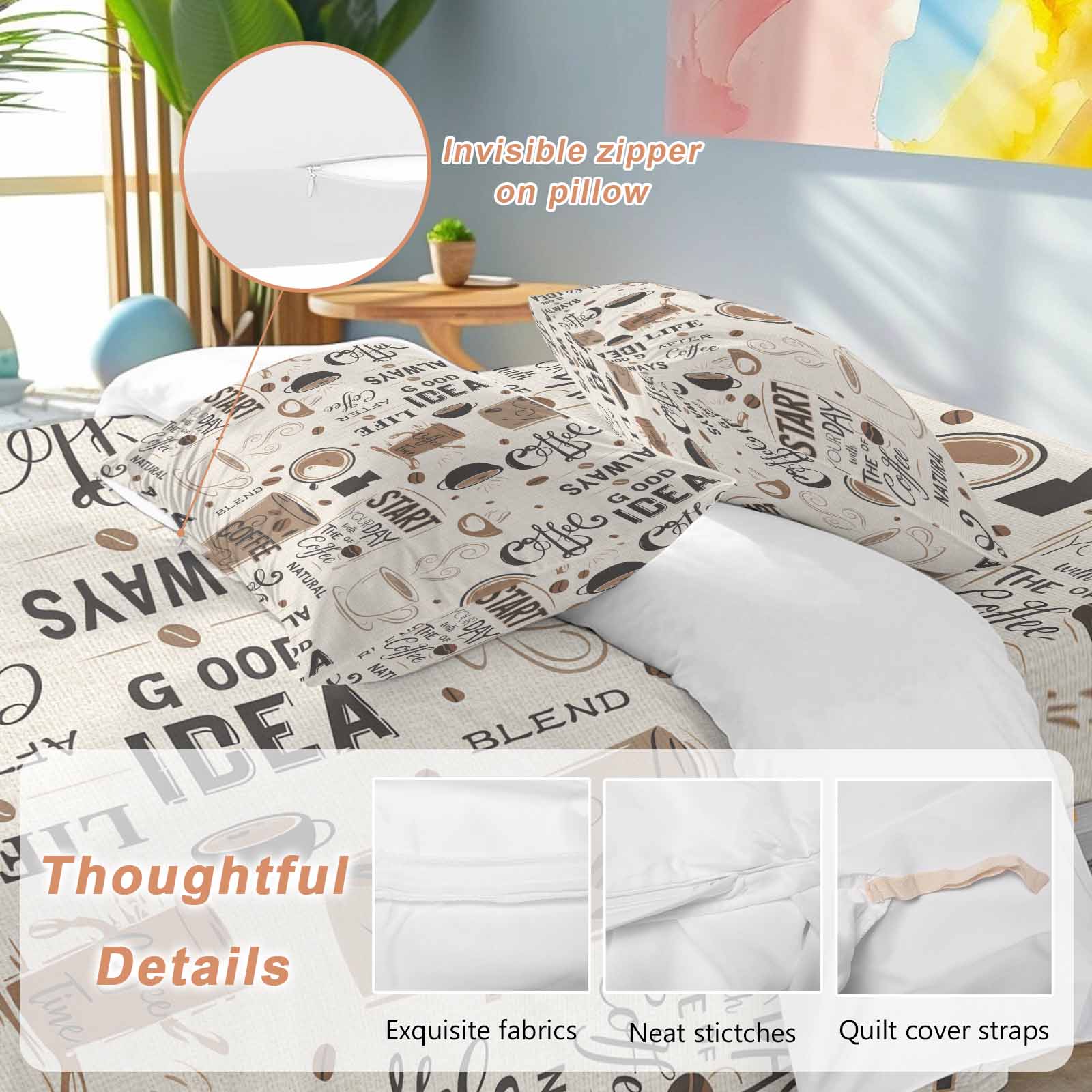 Coffee Cup Bedding Duvet Cover Set Full Size 4 Pieces Coffee Beans Linen Background Soft Twill Plush Quilt Cover, Include 1 Duvet Cover 1 Flat Sheet And 2 Pillow