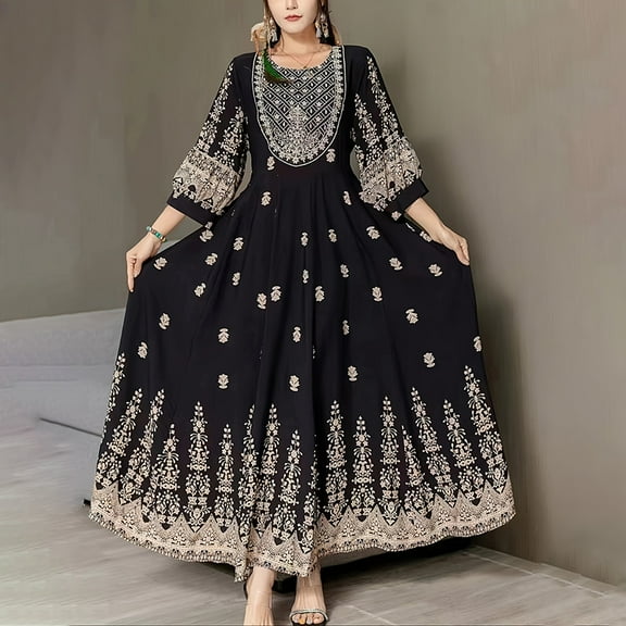 VIWORLD Women's Bohemian Maxi Dress - Middle Eastern Inspired Square Neck Embroidered Kaftan Dress with 3/4 Sleeves Black，S
